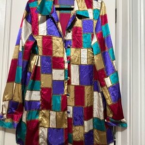 Vintage Colorblock Satin Button-Up Shirt Jacket - Multicolor